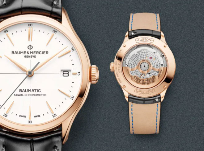 Dal sito degli orologi Baume & Mercier: i nuovi modelli Clifton Baumatic in oro