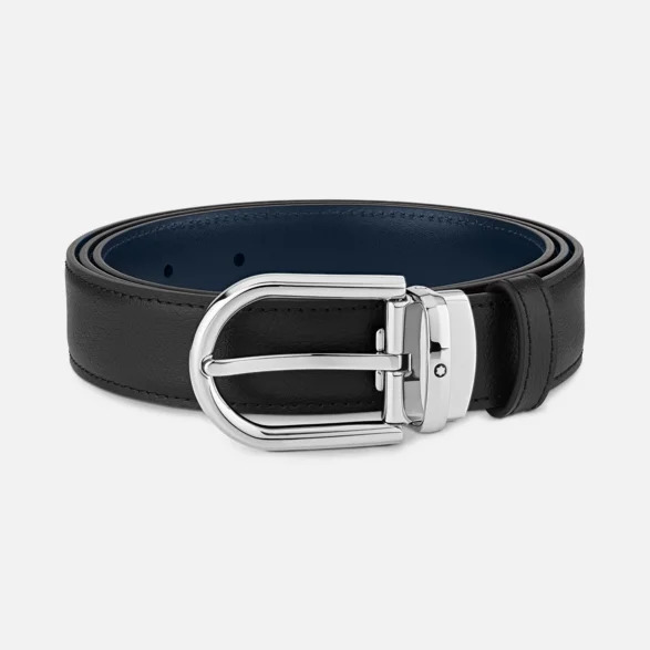 CINTURA REVERSIBILE IN PELLE NERA/BLU 30 MM CON FIBBIA A FERRO DI CAVALLO